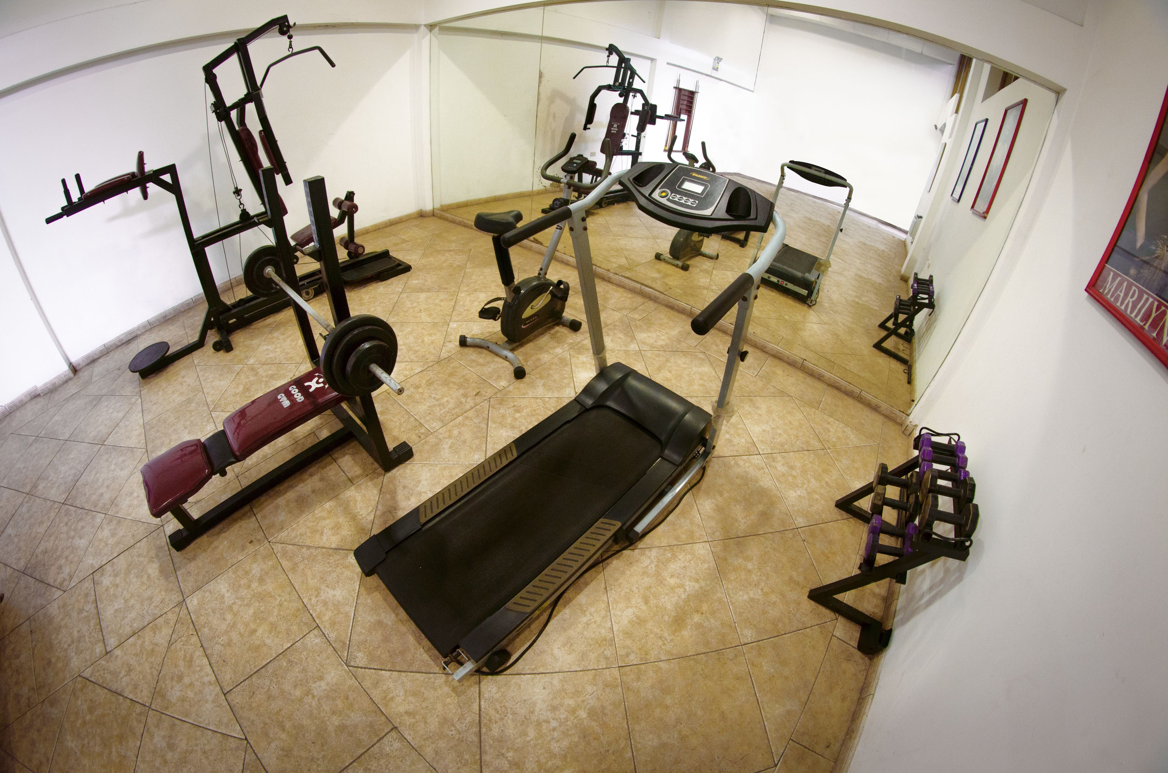 Un gimnasio con diversos equipos de ejercicio, incluyendo una cinta de correr, banco de pesas y pesas sueltas.