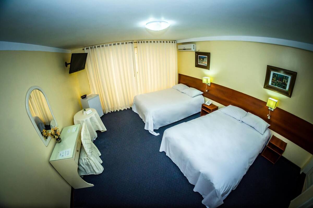Habitación de hotel con dos camas, una mesita de noche con lámpara, un espejo, una pequeña mesa con un jarrón y un televisor de pared.