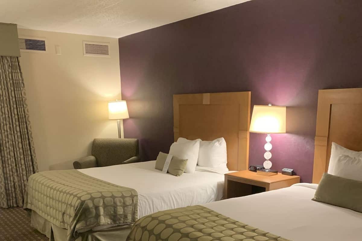 A hotel room with two beds, a nightstand with a lamp, a chair, and a patterned carpet.