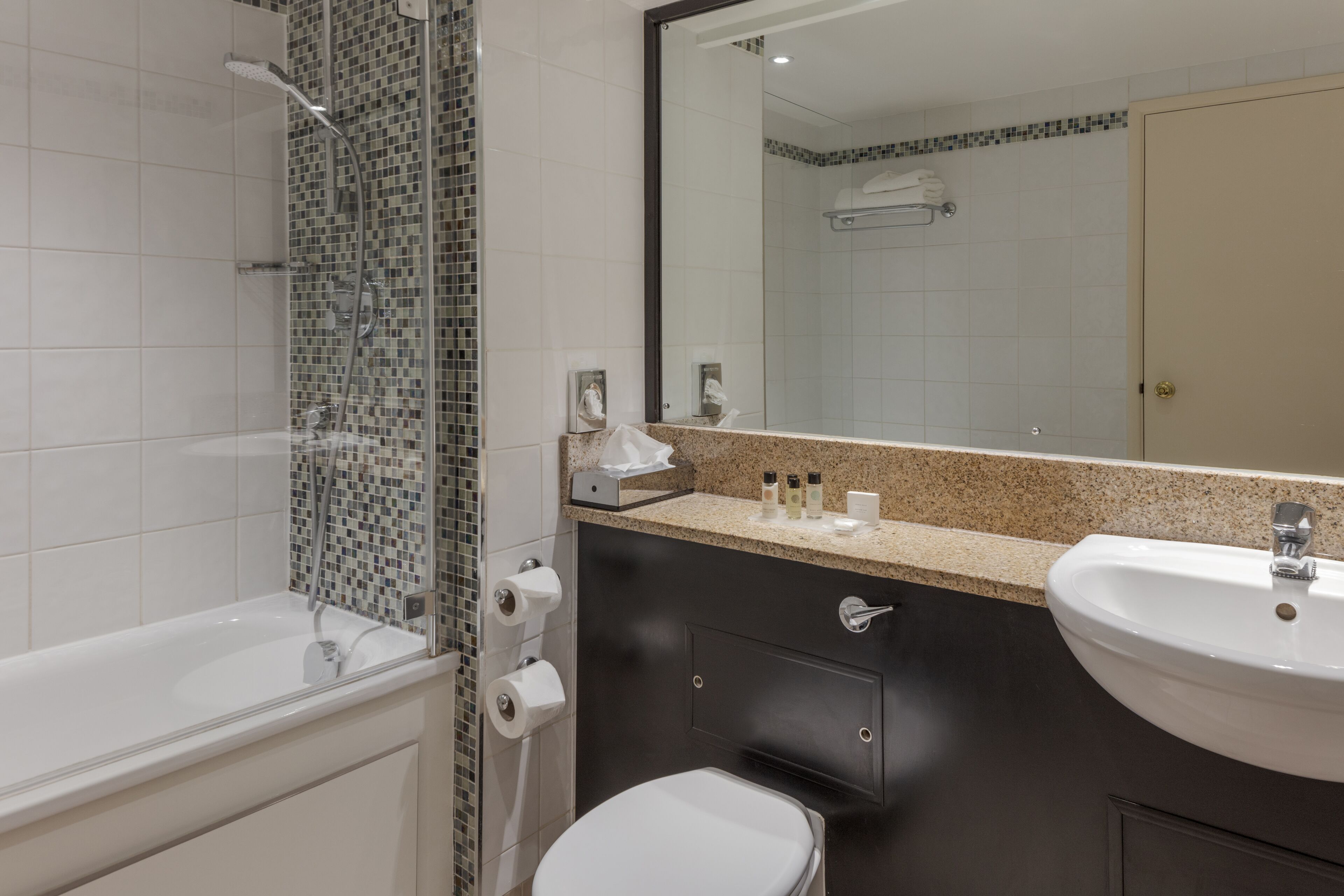 Et badeværelse med bruser, toilet, håndvask og spejl.