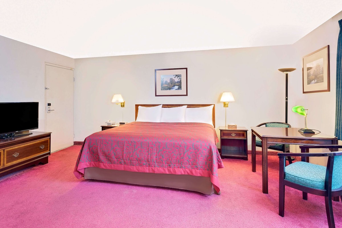 A hotel room with a bed, a desk, a chair, a television, and a picture on the wall.