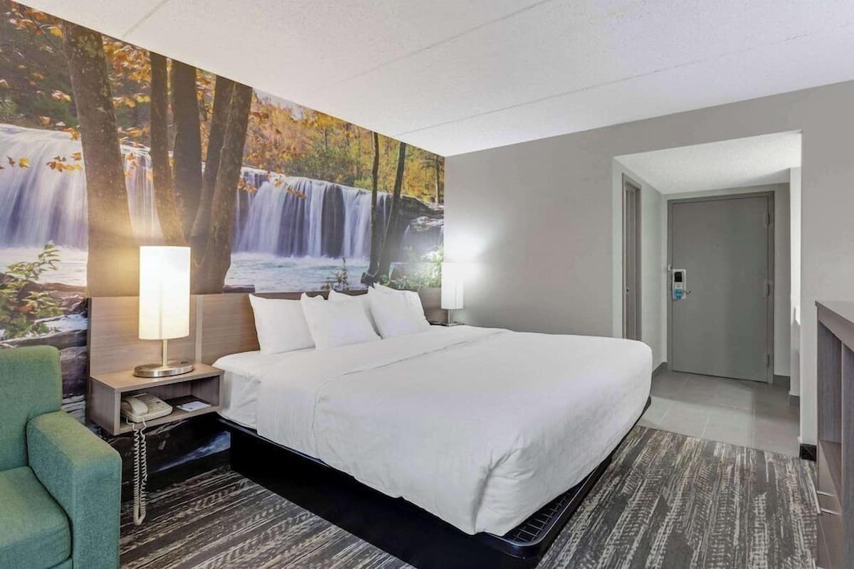 A hotel room with a large bed, a nightstand with a lamp, a green armchair, and a wall mural of a waterfall.