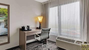 Desk, laptop workspace, blackout drapes, soundproofing