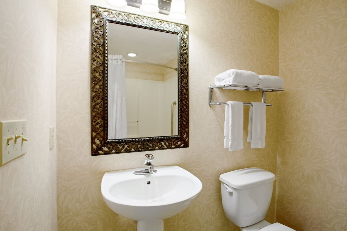 Combined shower/tub, designer toiletries, hair dryer, towels