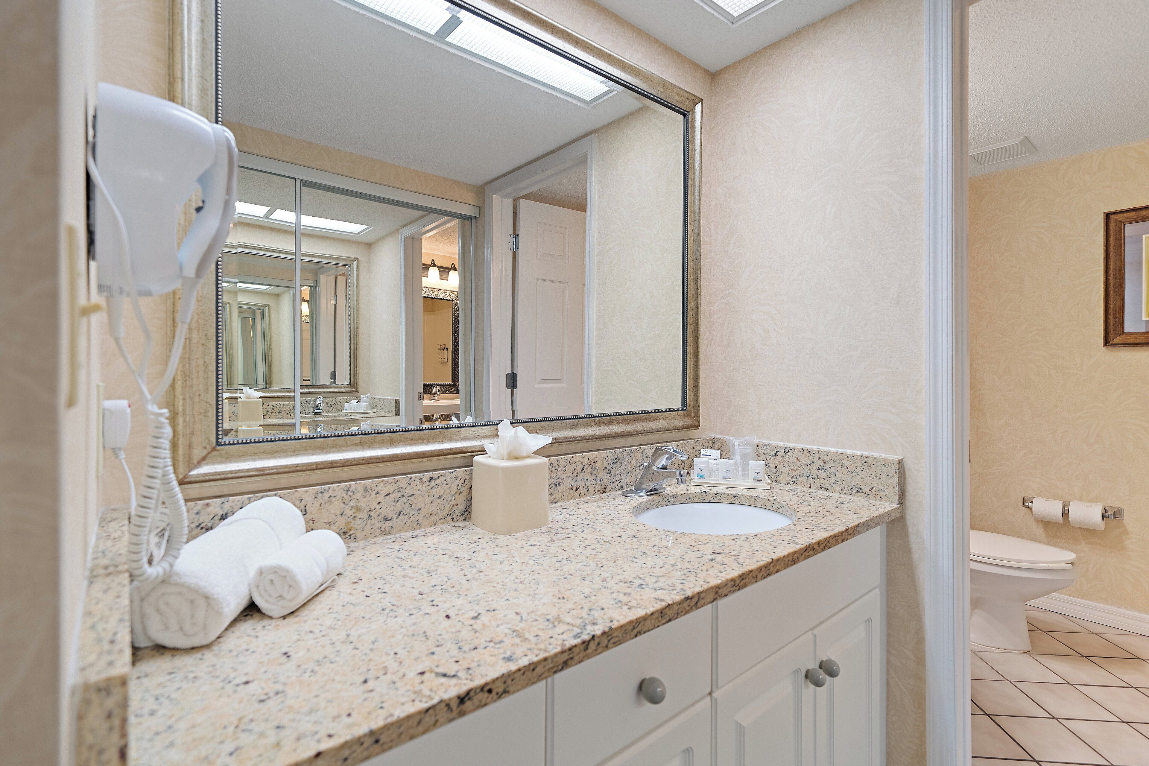 Une salle de bain avec un comptoir en granit, un grand miroir, un lavabo blanc et des toilettes.