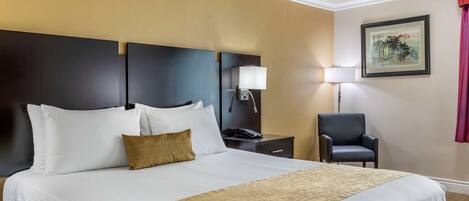 Una habitación de hotel con una cama grande, una mesita de noche, una silla y un cuadro en la pared.