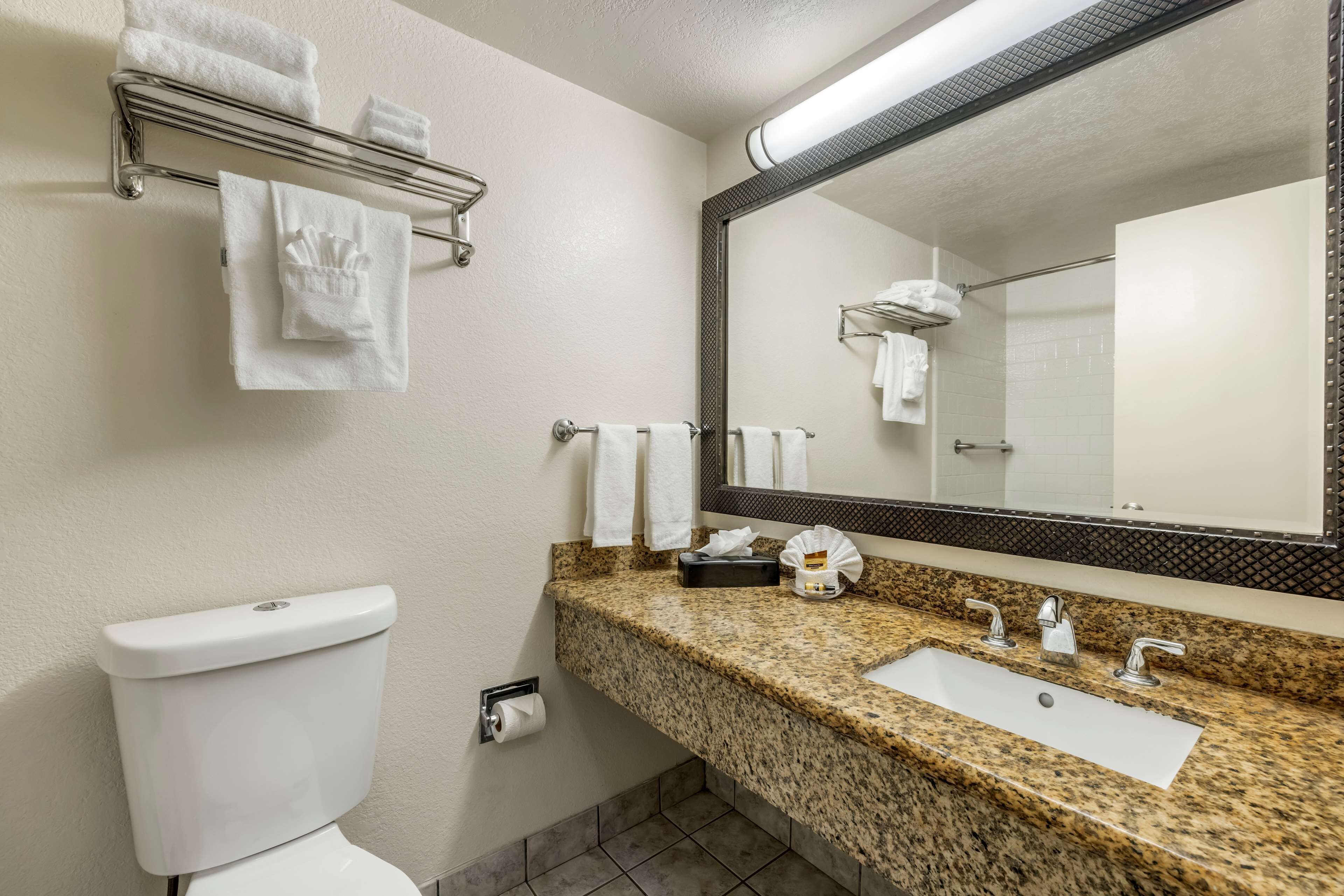A bathroom with a toilet, sink, and mirror.