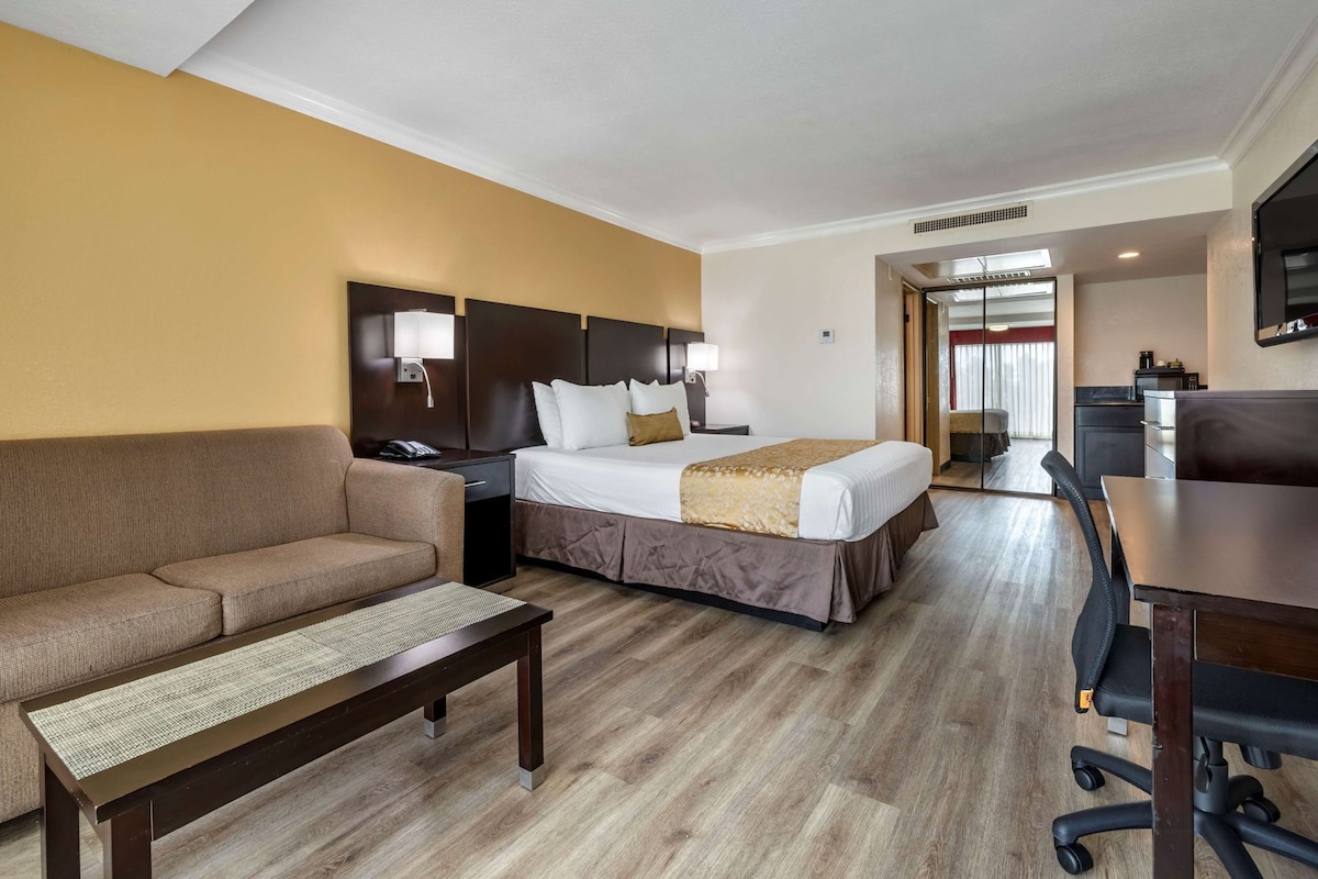 A hotel room with a bed, a sofa, a desk, and a television.