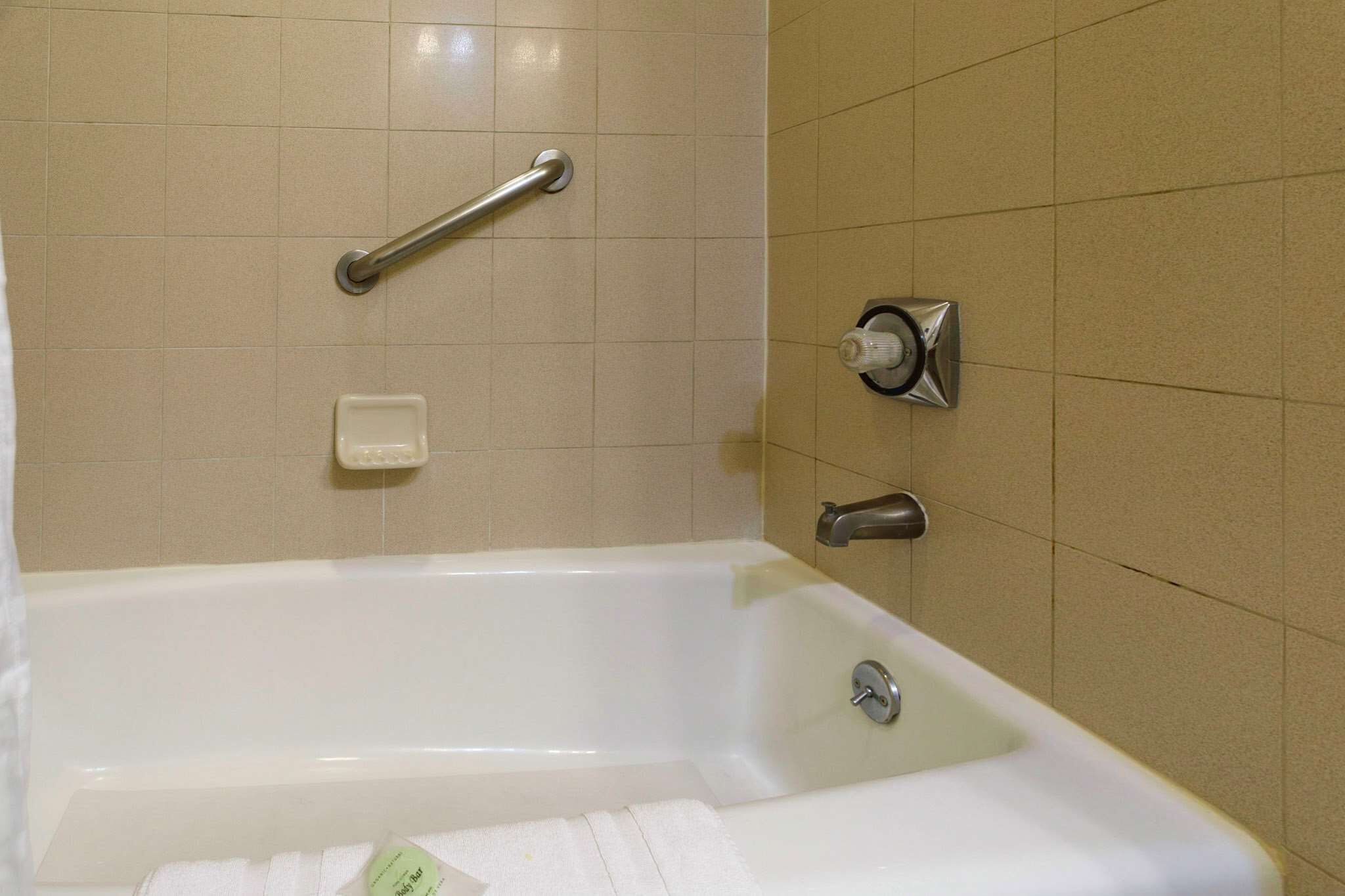 Une salle de bain équipée d’une baignoire, de barres d’appui, d’un distributeur de savon et d’un porte-serviettes.