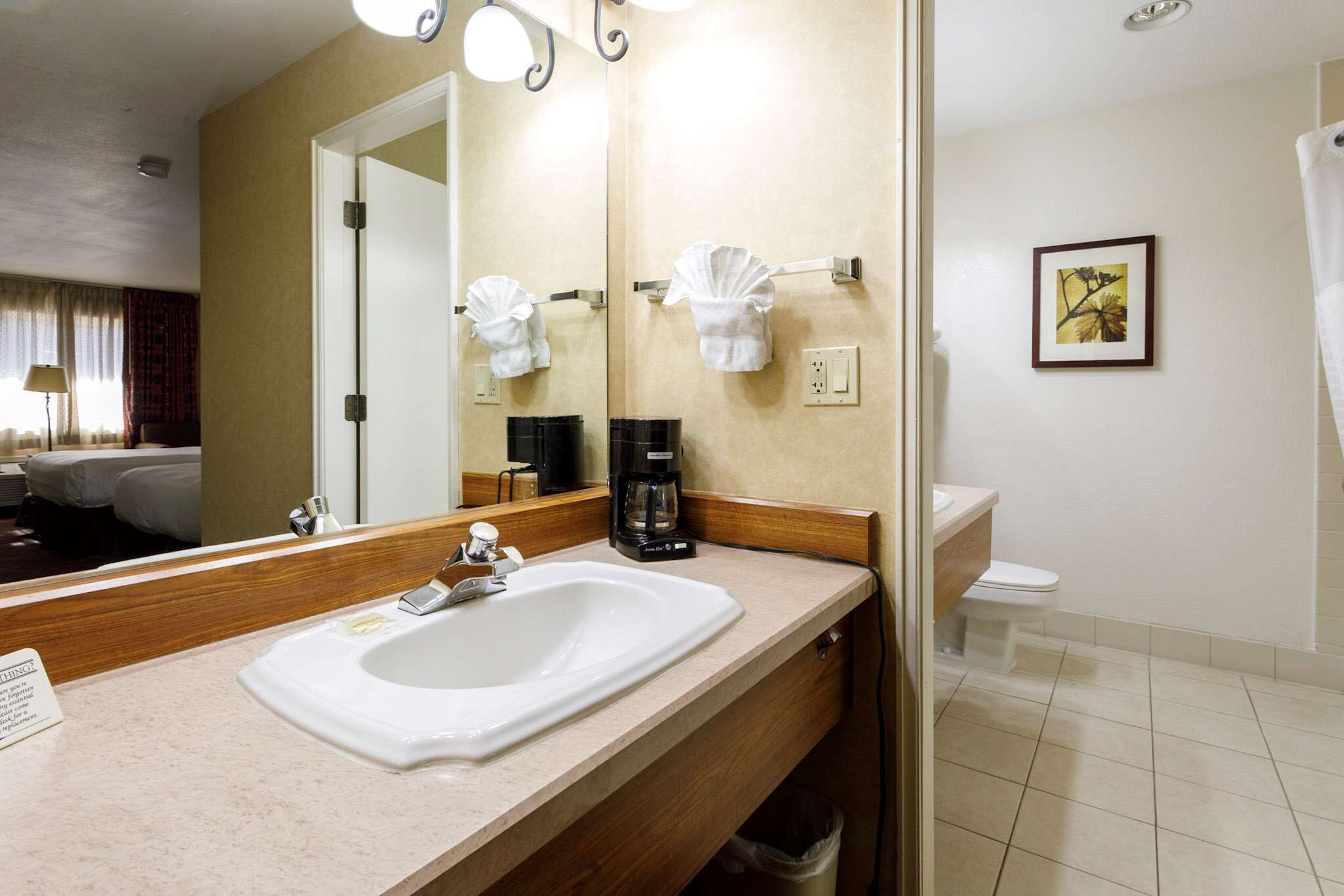 Un baño de hotel con lavamanos, espejo, toallero, cafetera y retrete.