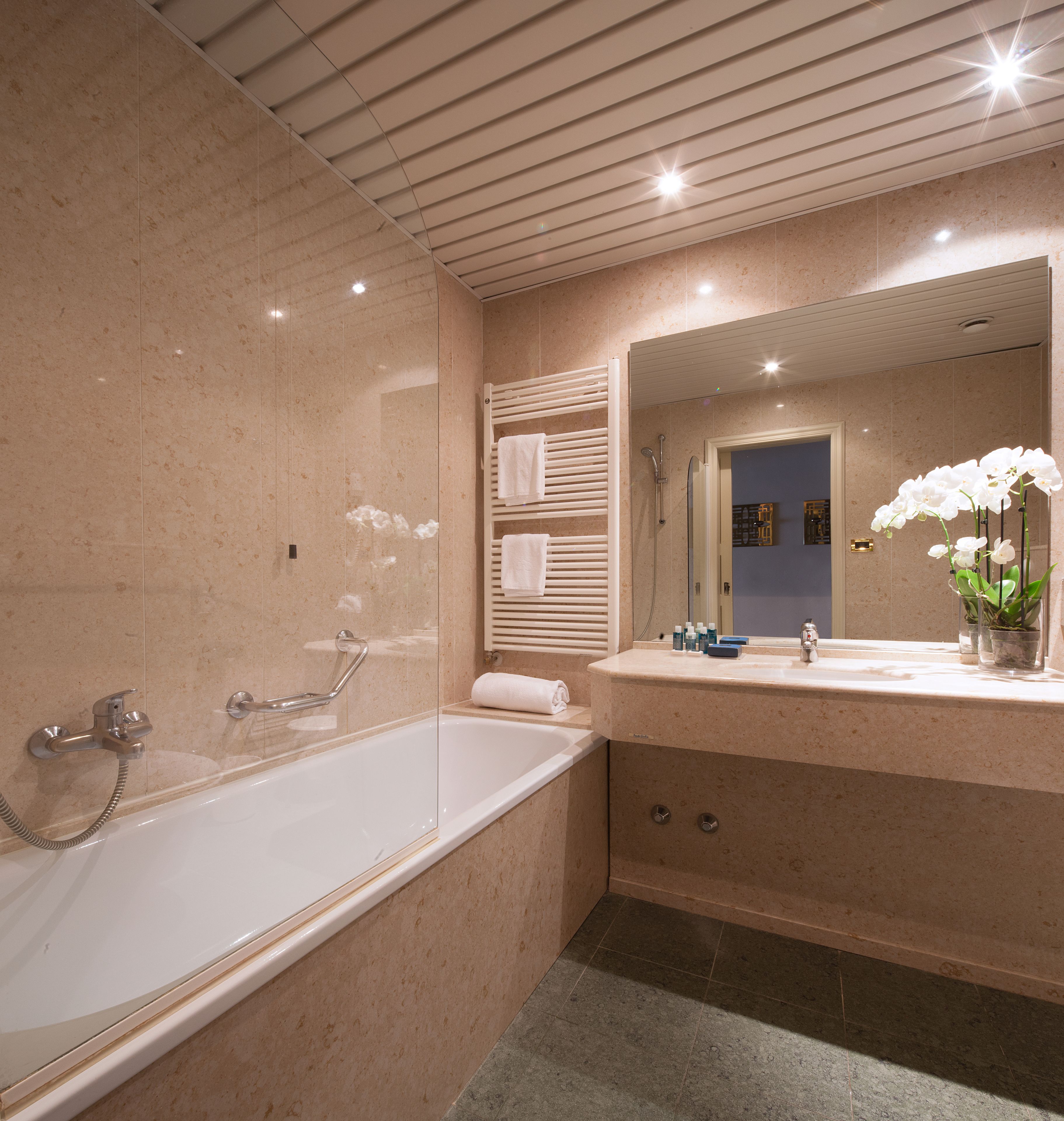 combined shower/bathtub, free toiletries, hair dryer, bathrobes