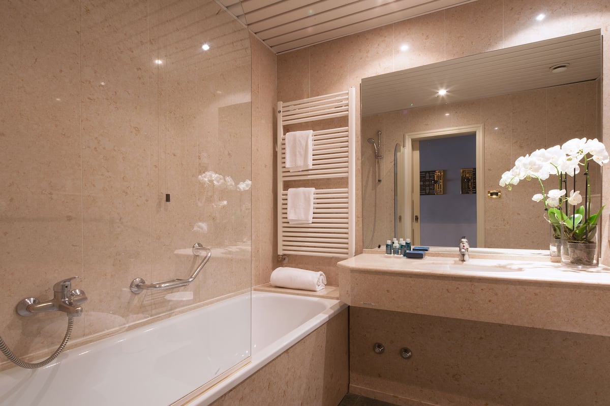combined shower/bathtub, free toiletries, hair dryer, bathrobes