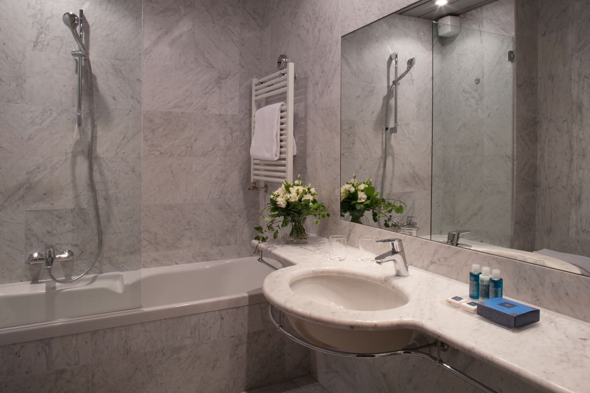 combined shower/bathtub, free toiletries, hair dryer, bathrobes