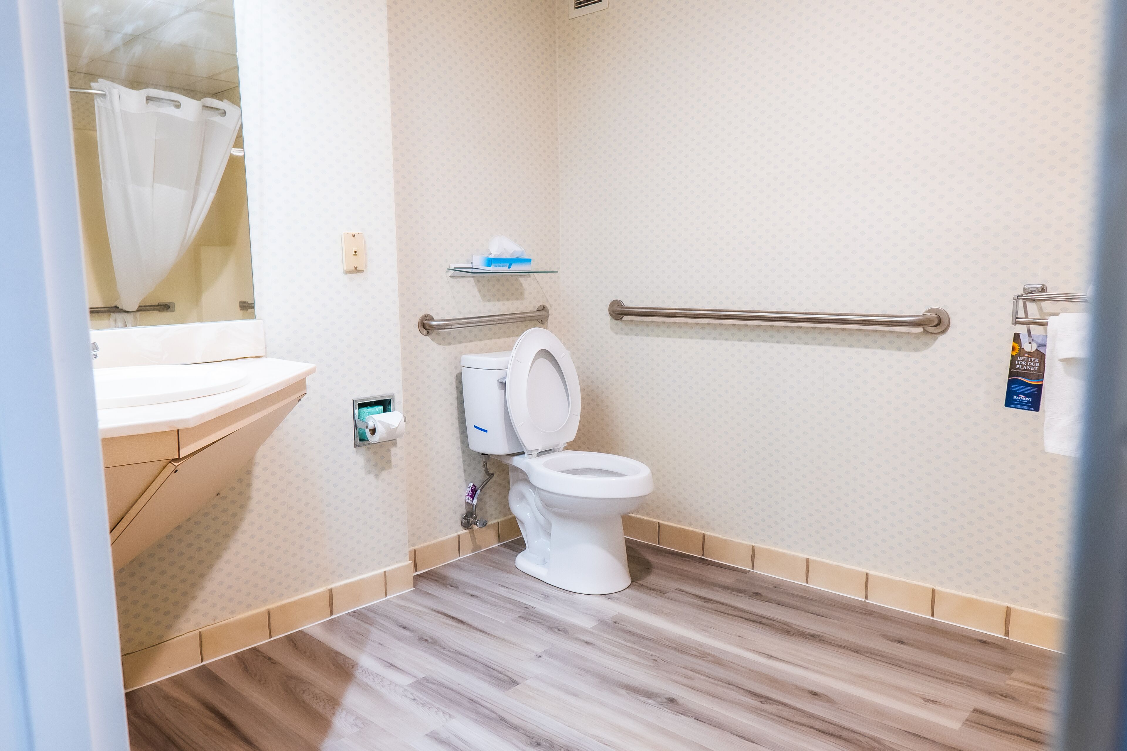 Un baño con inodoro, barandilla, repisa con artículos de aseo y cortina de ducha.