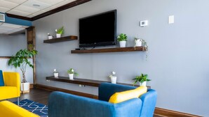 Un espace de vie moderne avec un téléviseur à écran plat, des étagères en bois ornées de plantes et des fauteuils aux couleurs vives, bleu et jaune.