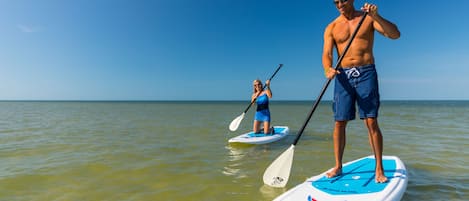 Two people paddleboarding on a calm sea with clear skies.