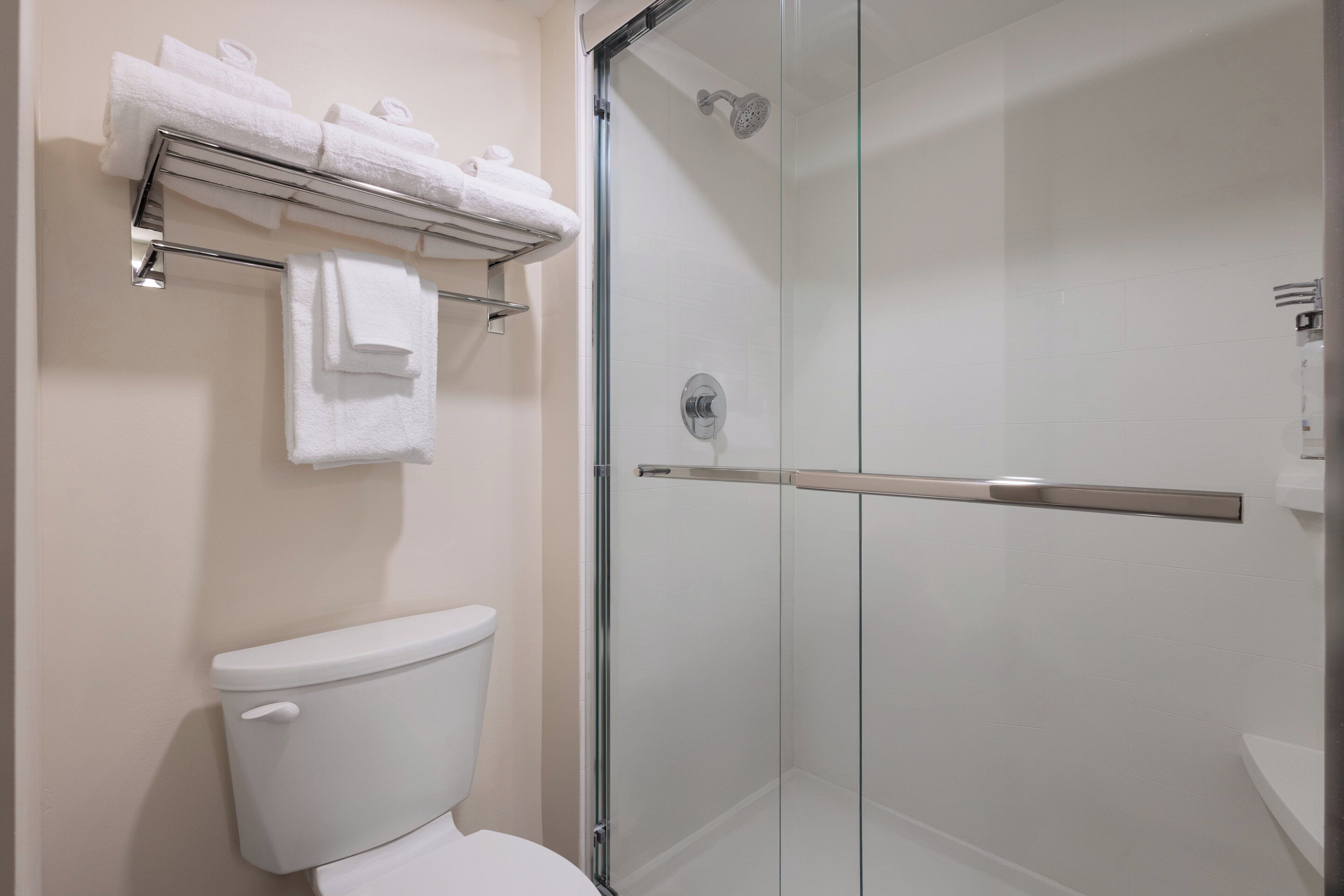 A modern bathroom with a glass-enclosed shower, a toilet, and a towel rack with neatly folded towels.
