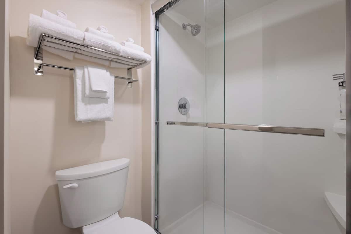 Duschwanne, kostenlose Toilettenartikel, Haartrockner, Handtücher