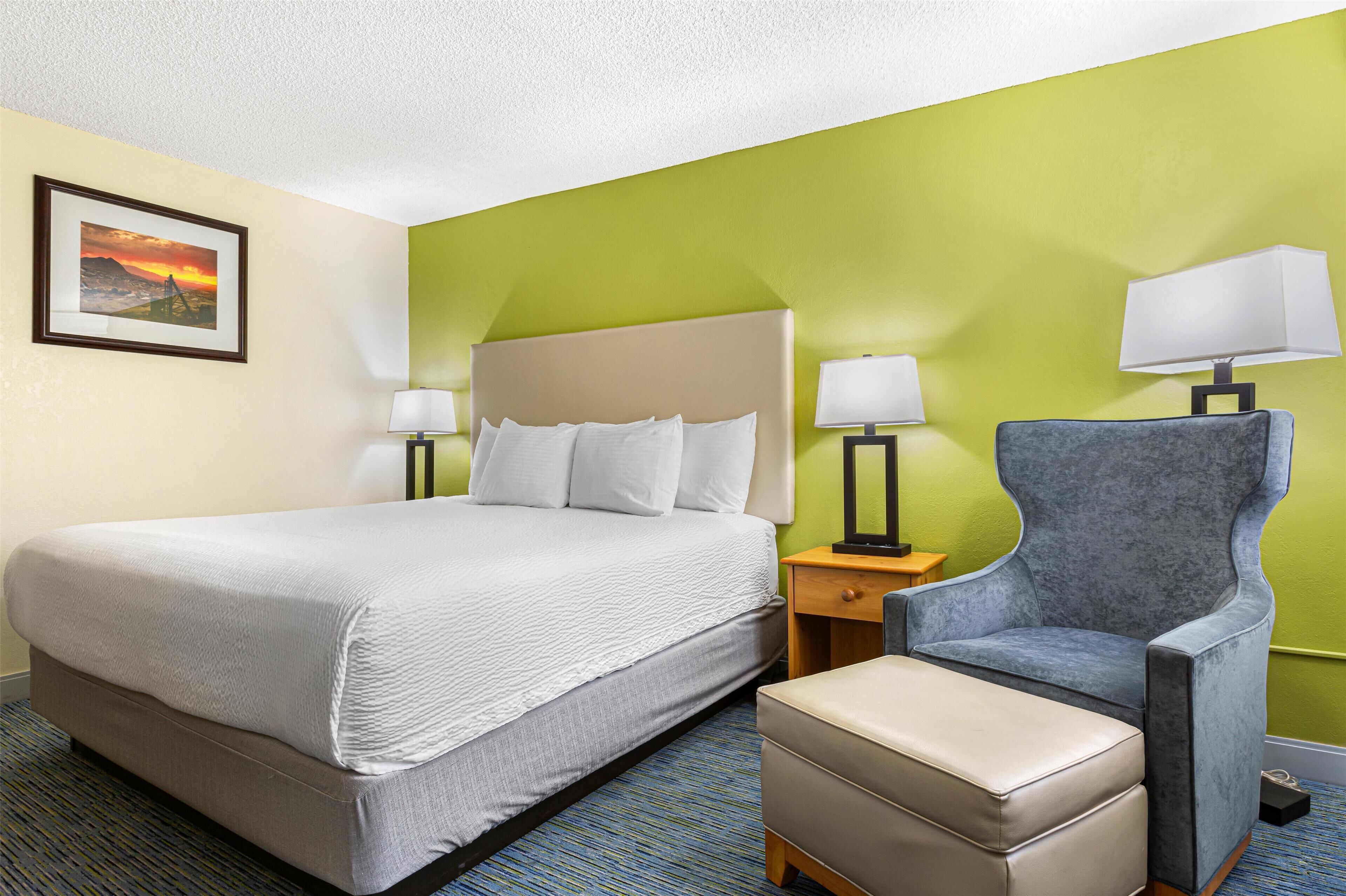 standard room, 1 king bed, non smoking, refrigerator & microwave | in-room safe, desk, laptop workspace, blackout curtains