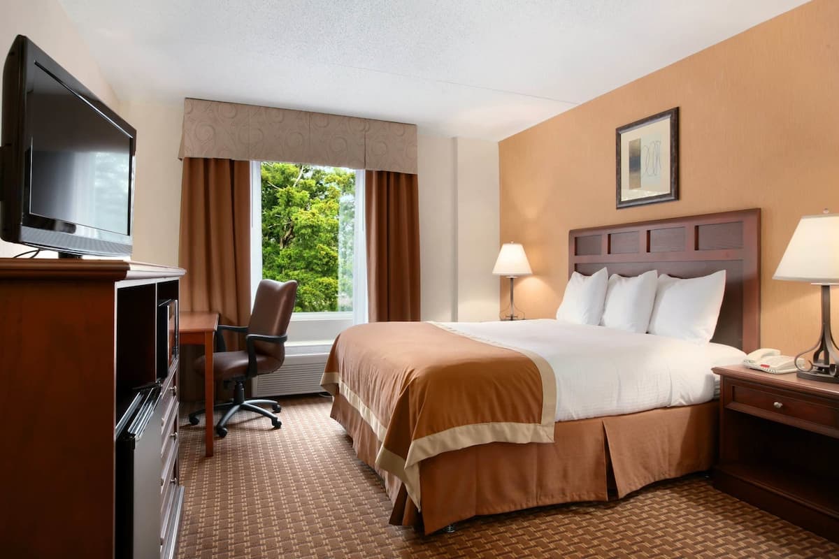 Een hotelkamer met een bed, een bureau met een televisie, een stoel, een bureaulamp en een raam met gordijnen.
