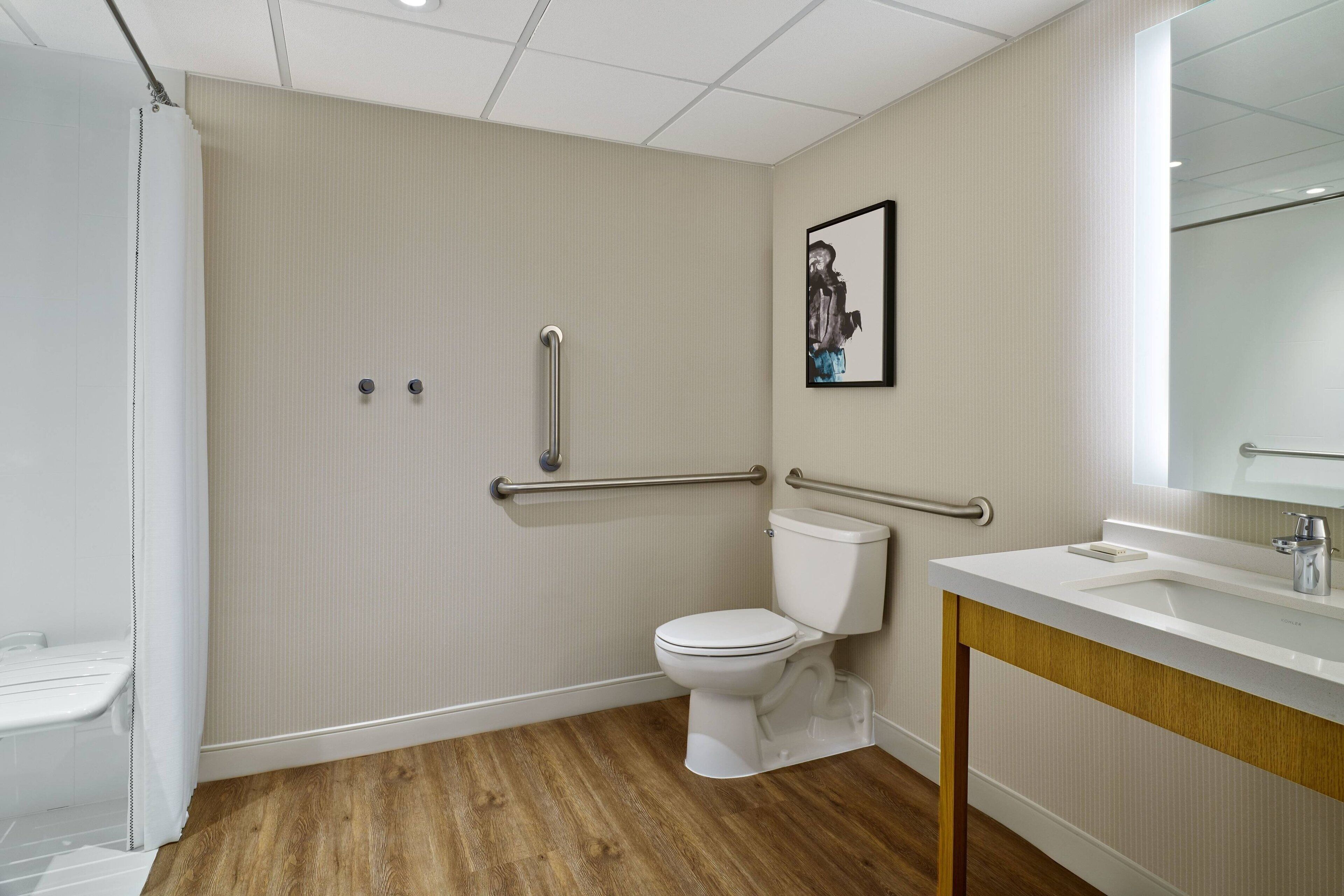 A bathroom with a white toilet, a wooden floor, a white sink with a mirror, and a handrail.