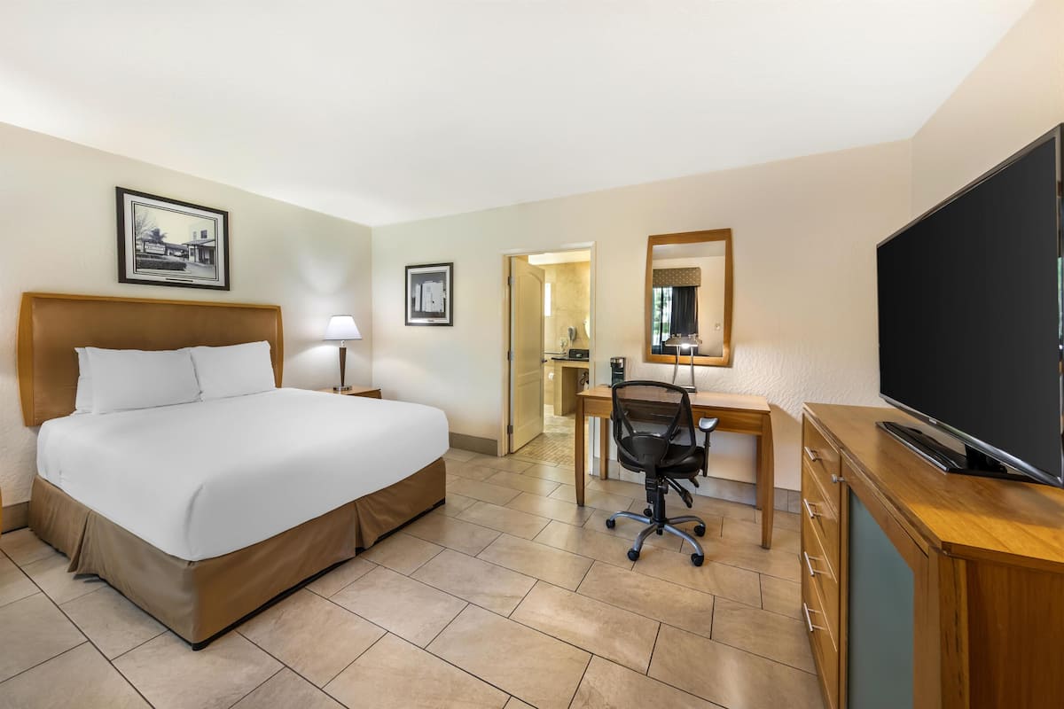 Ett hotellrum med en säng, ett skrivbord, en stol, en tv och inramade tavlor på väggarna.