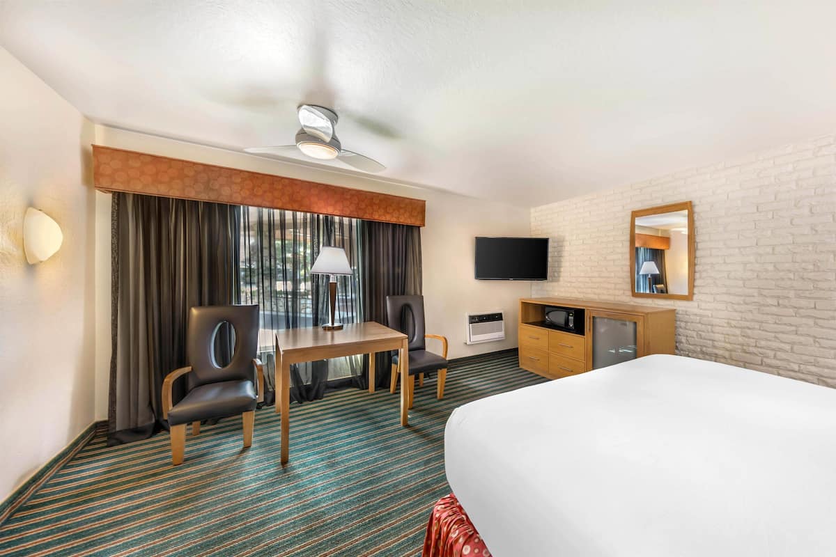 Ett hotellrum med en säng, ett skrivbord med två stolar, en tv, en spegel och en takfläkt.