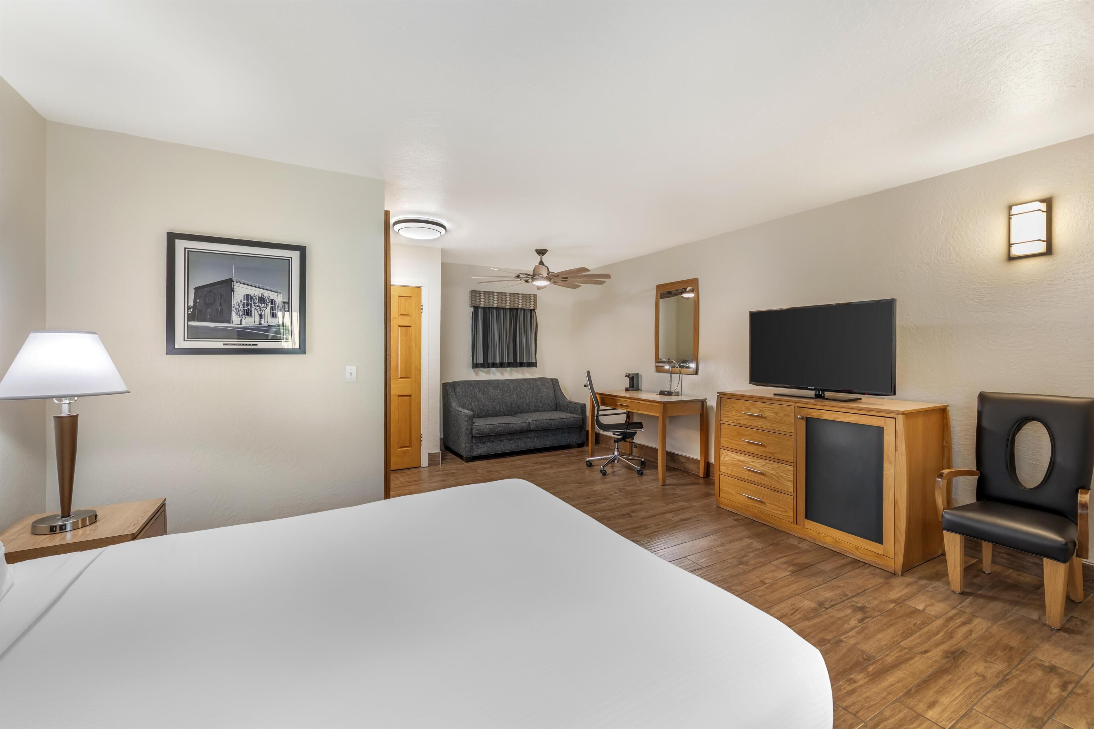 Une chambre d’hôtel équipée d’un lit, d’un bureau, d’une télévision, d’une chaise, d’un canapé et d’une lampe.