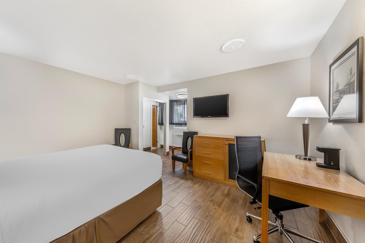 Ett hotellrum med en säng, ett skrivbord, en stol, en tv och en lampa.