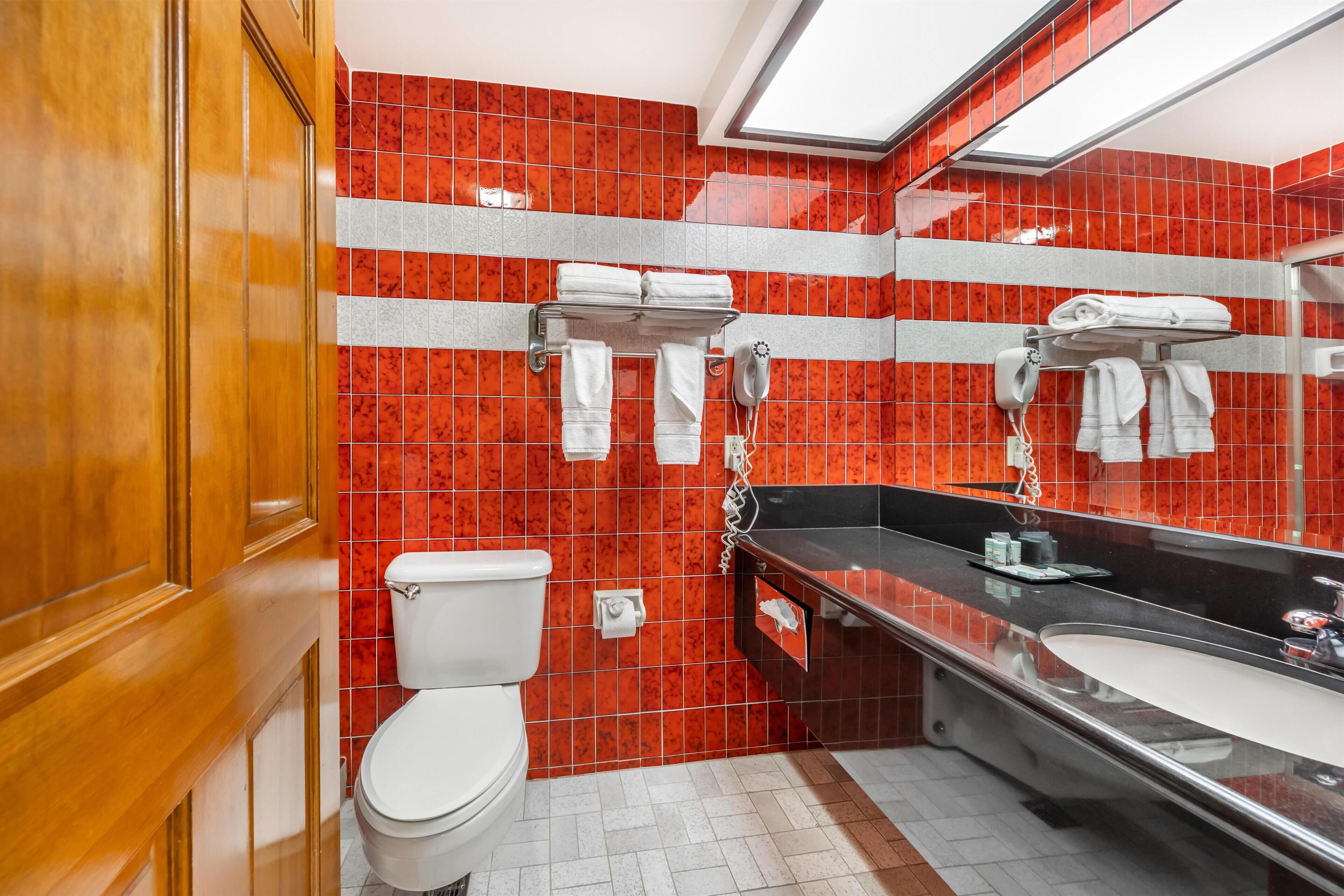 Un baño con baldosas rojas y grises, un inodoro blanco, un lavabo negro y un espejo.