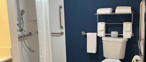 Un baño con ducha, inodoro y barras de apoyo.