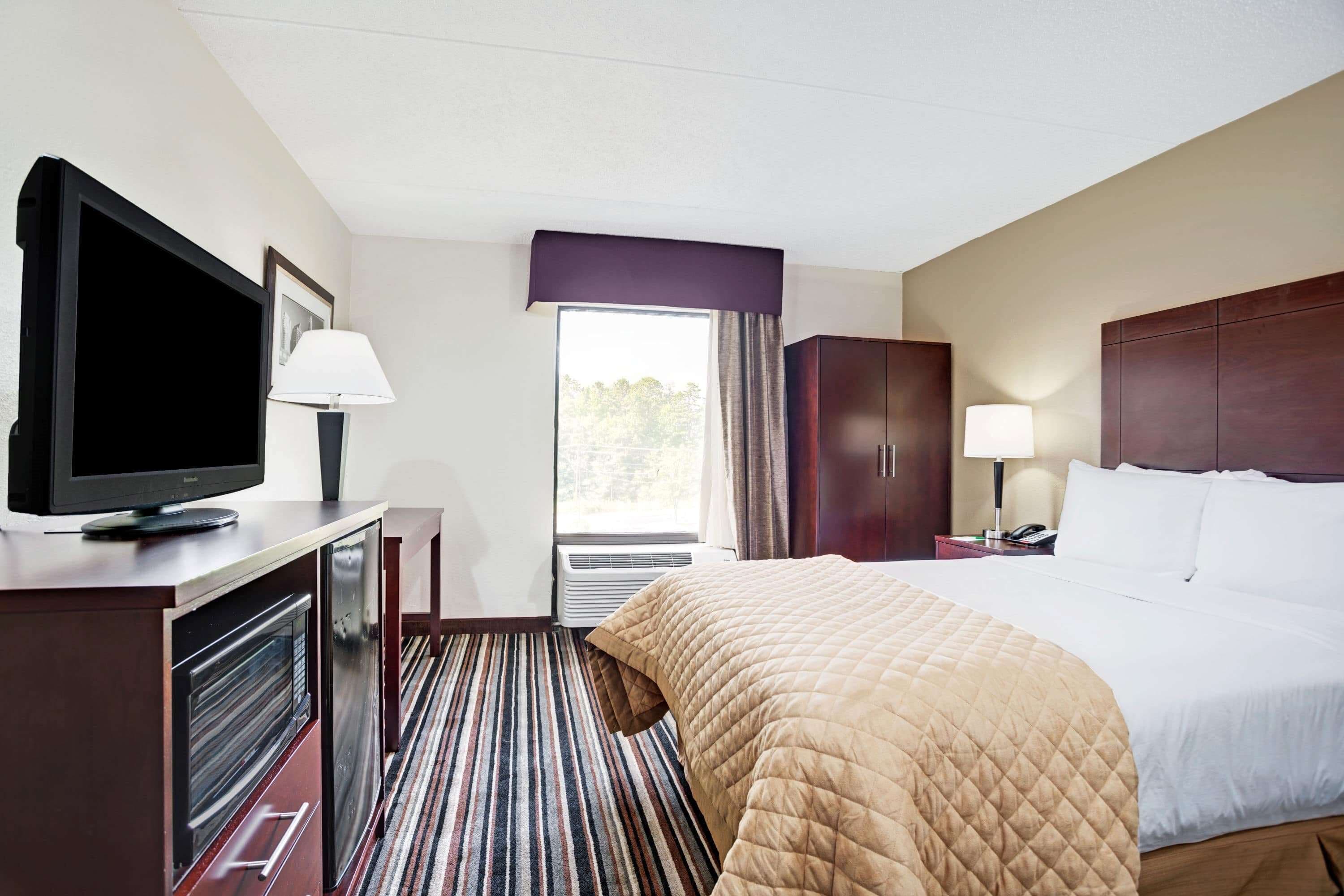 Quarto de hotel com cama, televisão, escrivaninha com luminária, guarda-roupa e janela com cortinas.