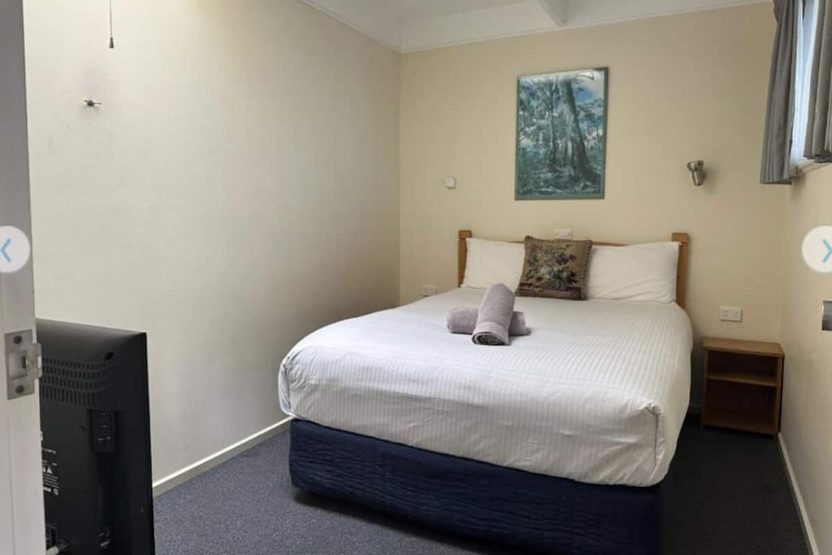 A bedroom with a bed, a painting, a nightstand, and a TV.