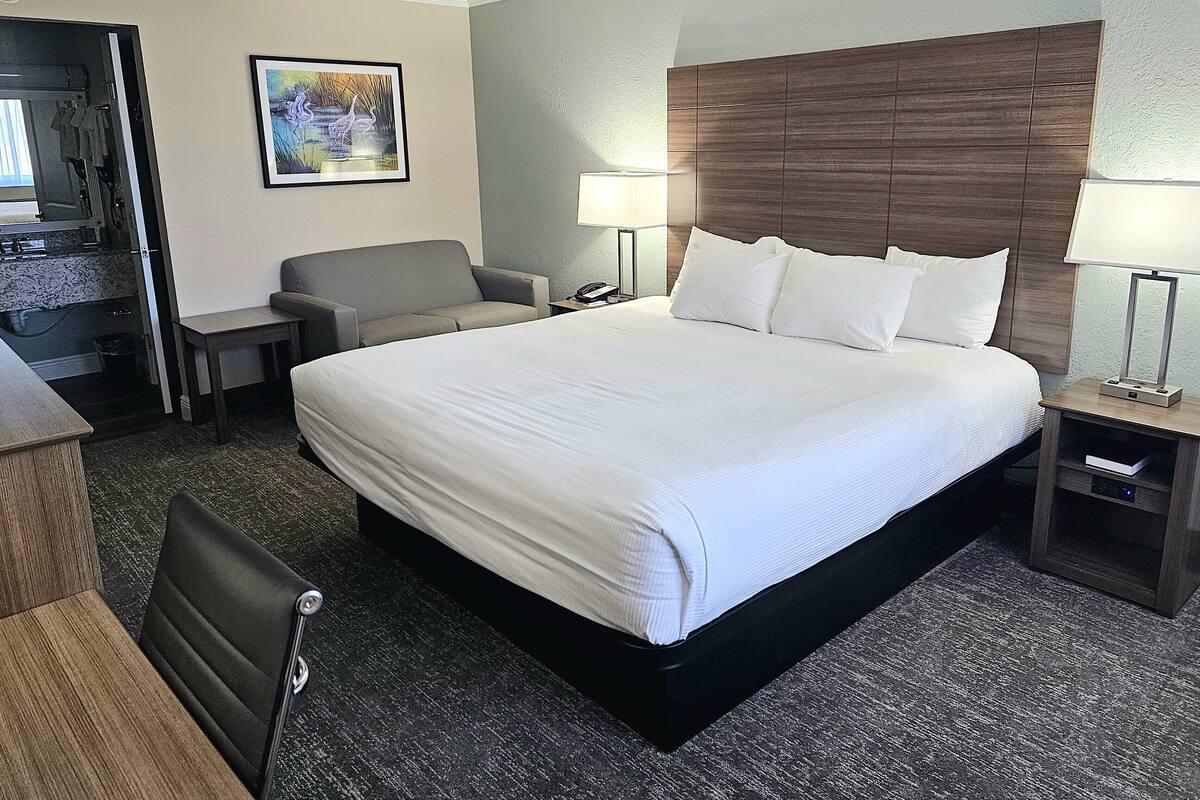 Una habitación de hotel con una cama grande, dos mesitas de noche con lámparas, una silla, un escritorio y un cuadro en la pared.