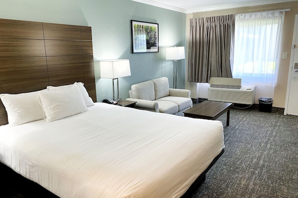 Desk, laptop workspace, blackout curtains, free WiFi