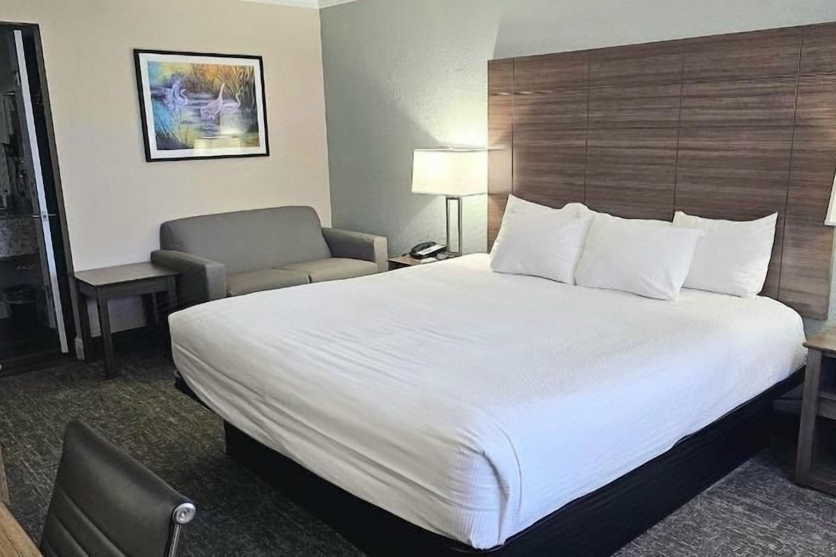 Una habitación de hotel con una cama grande, dos mesitas de noche con lámparas, una silla, un escritorio y un cuadro en la pared.