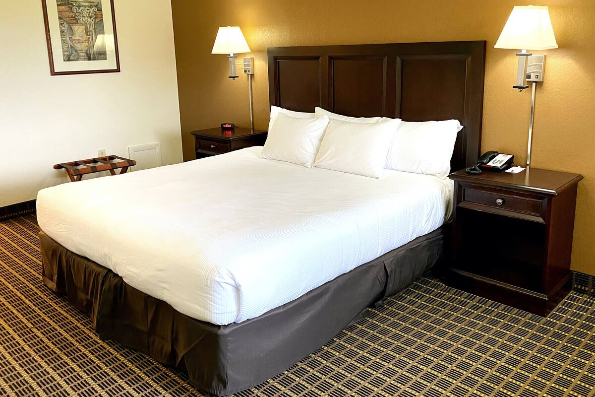 Una habitación de hotel con una cama grande, dos mesitas de noche con lámparas, un bidet con teléfono y un cuadro en la pared.