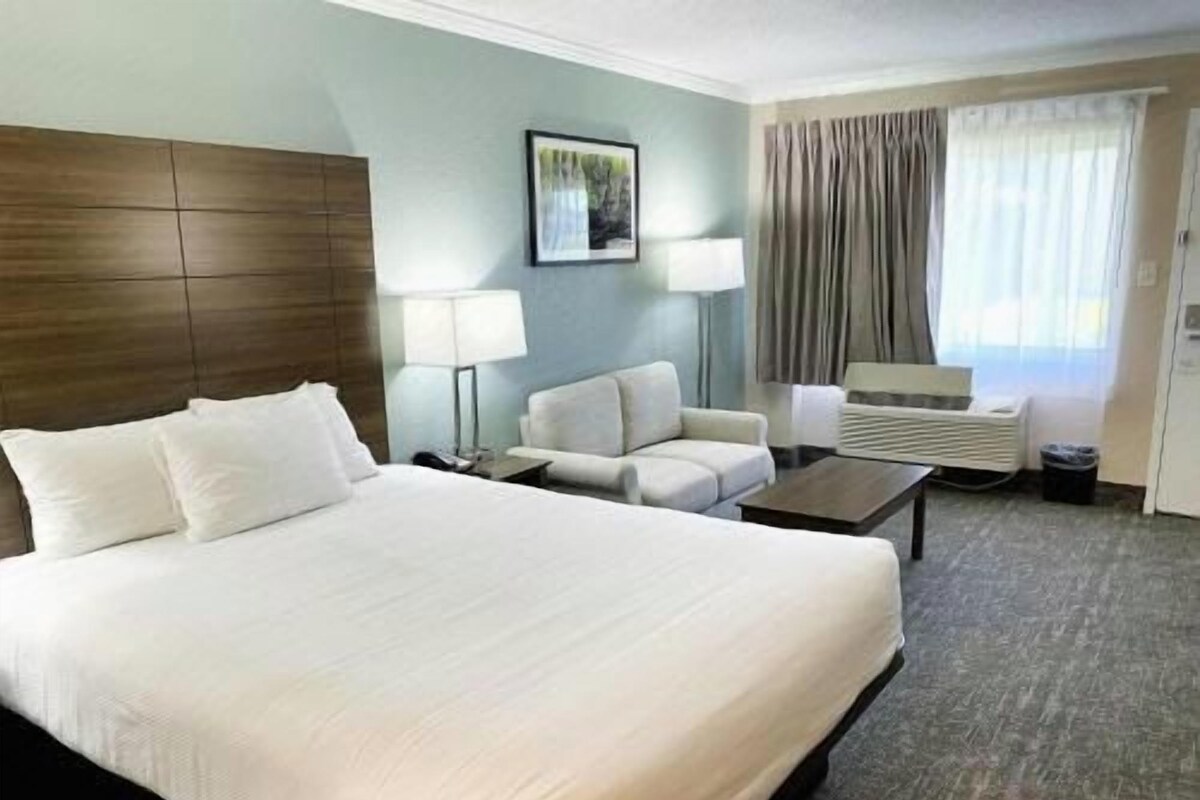 A hotel room with a large bed, a sofa, a coffee table, and a desk.