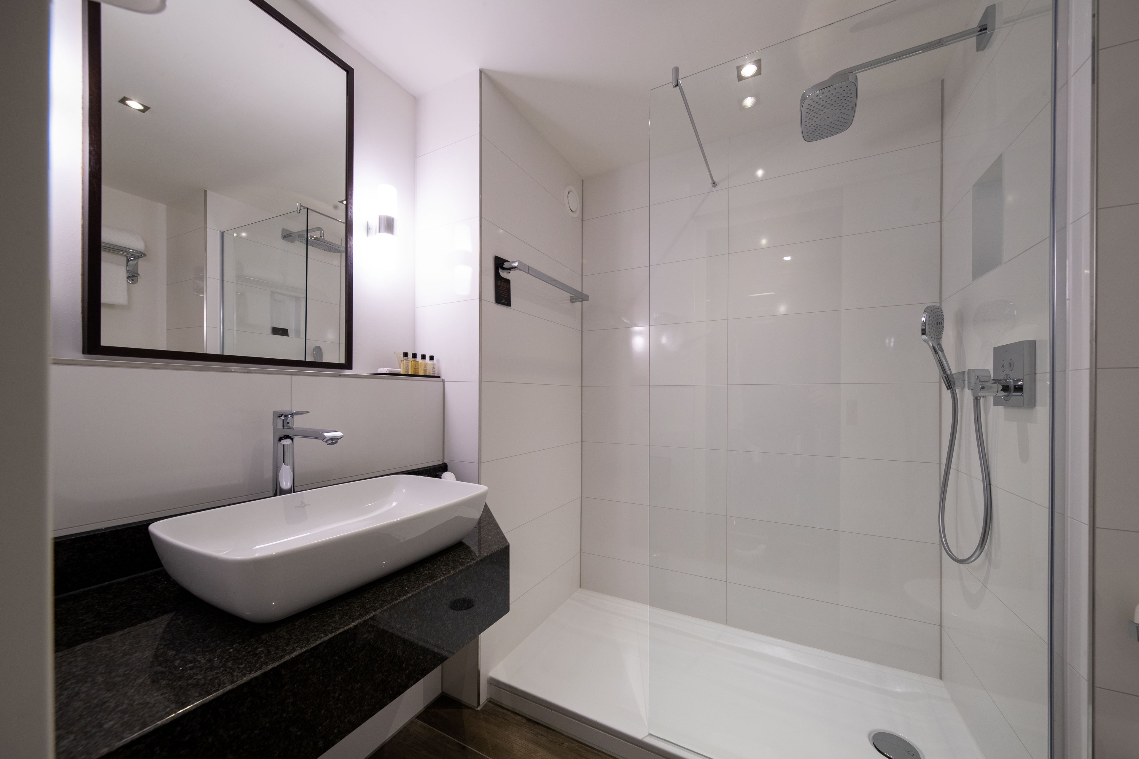 deluxe room | bathroom | shower, free toiletries, hair dryer, bathrobes
