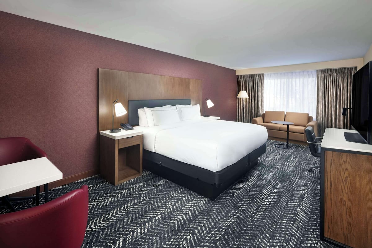 Una habitación de hotel con una cama grande, un escritorio, una silla, un televisor y un sofá.