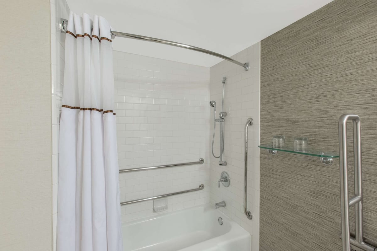 combined shower/bathtub, free toiletries, hair dryer, towels