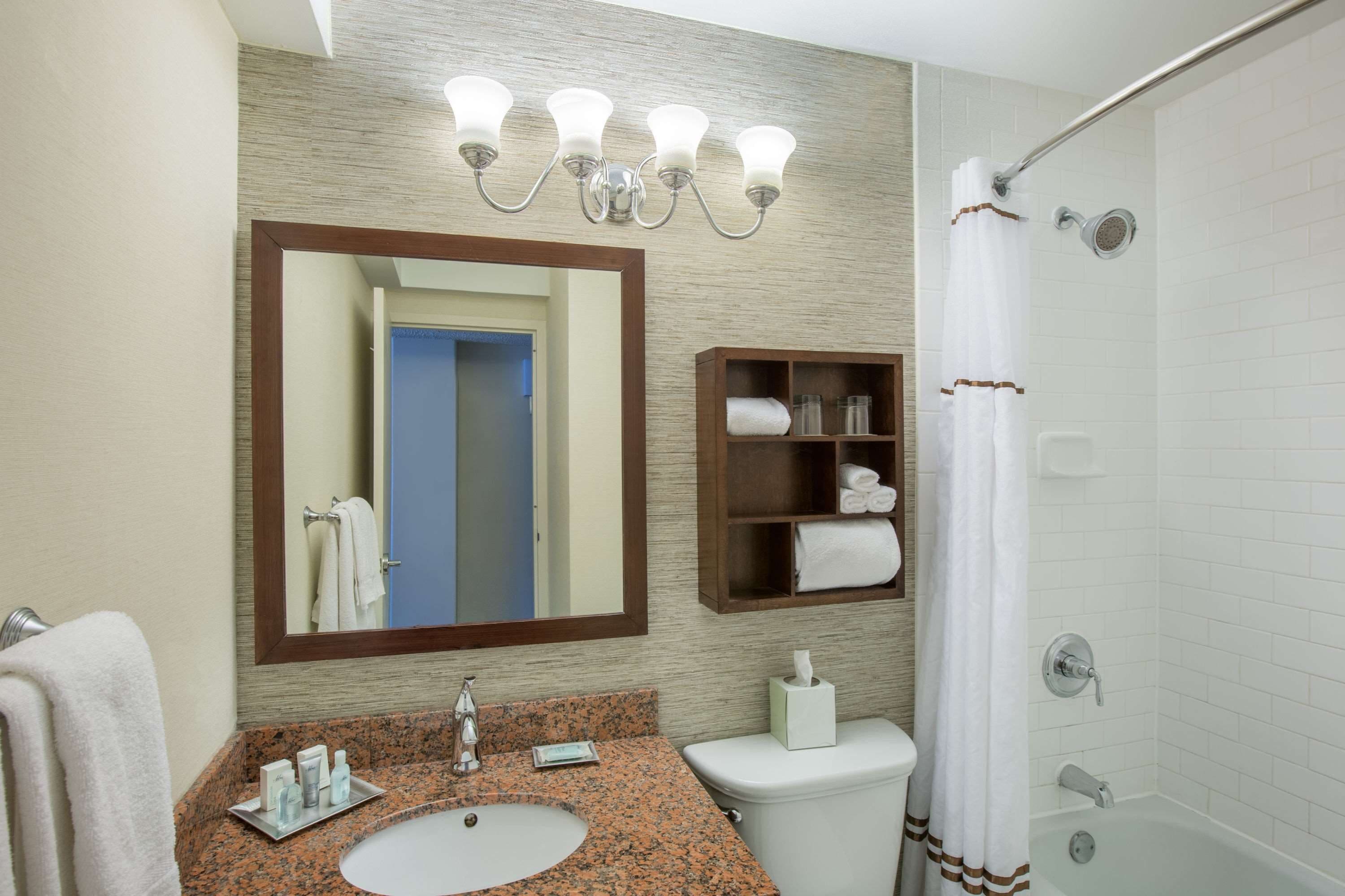 combined shower/bathtub, free toiletries, hair dryer, towels