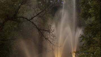 A fountain with multiple water jets in a park setting.
