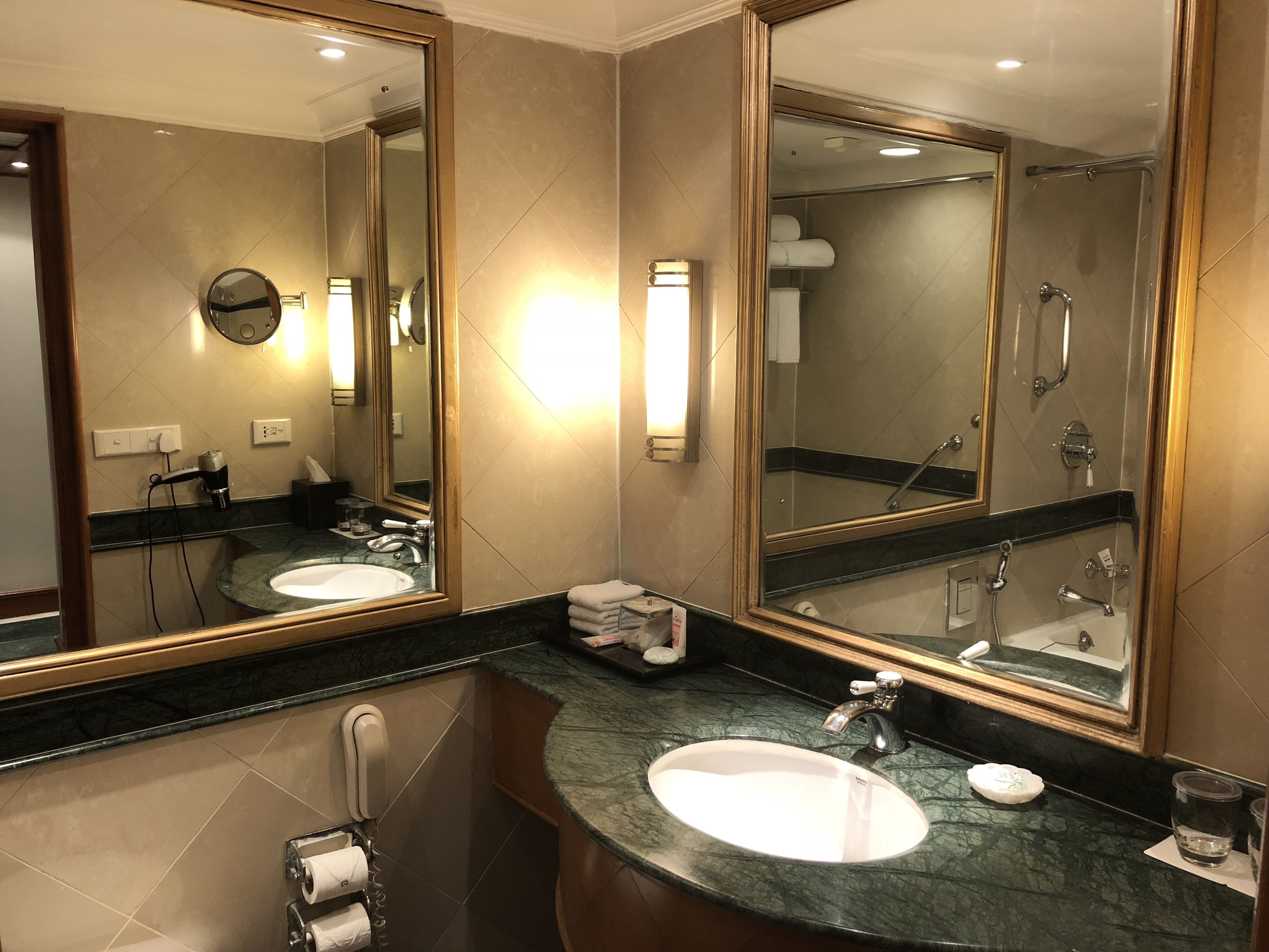 combined shower/bathtub, free toiletries, hair dryer, bathrobes