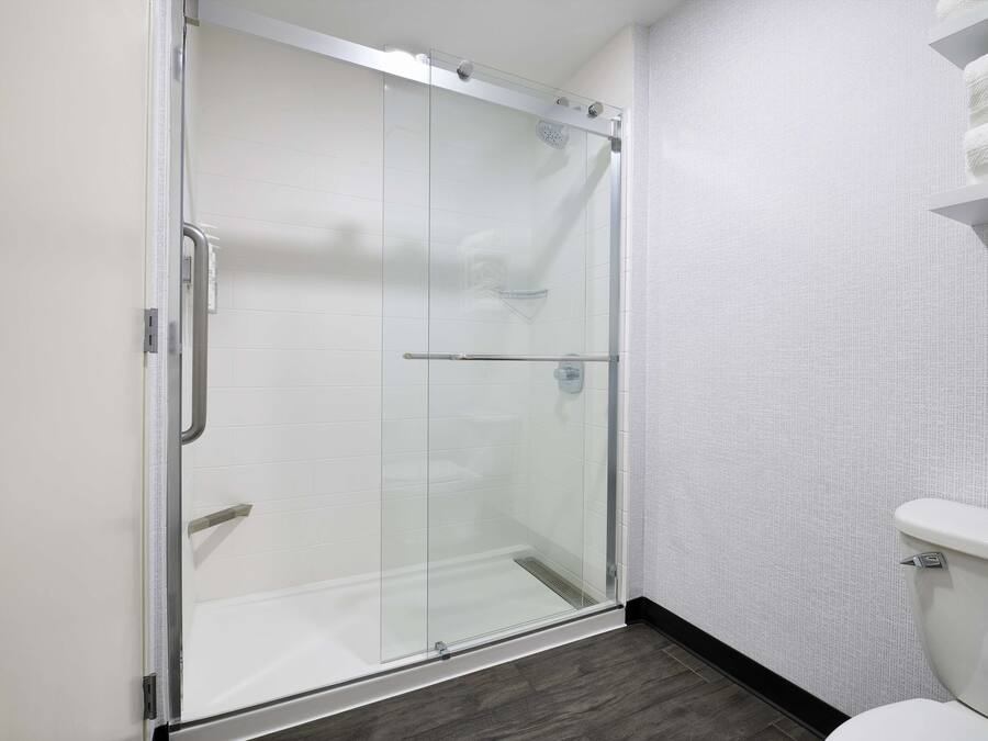 A glass-enclosed shower with a white toilet and a towel rack.