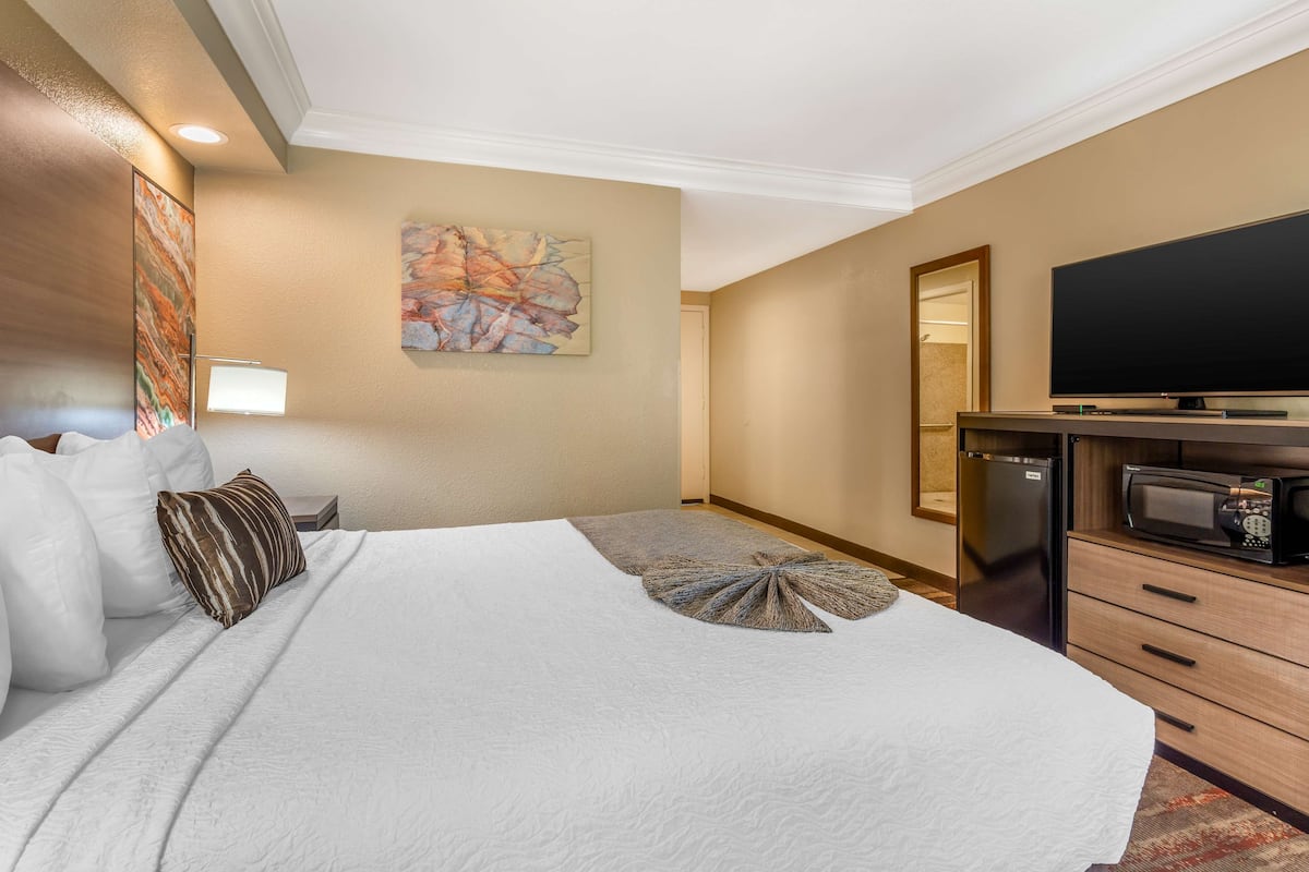 A hotel room with a large bed, a flat-screen TV, a microwave, a refrigerator, and a painting on the wall.
