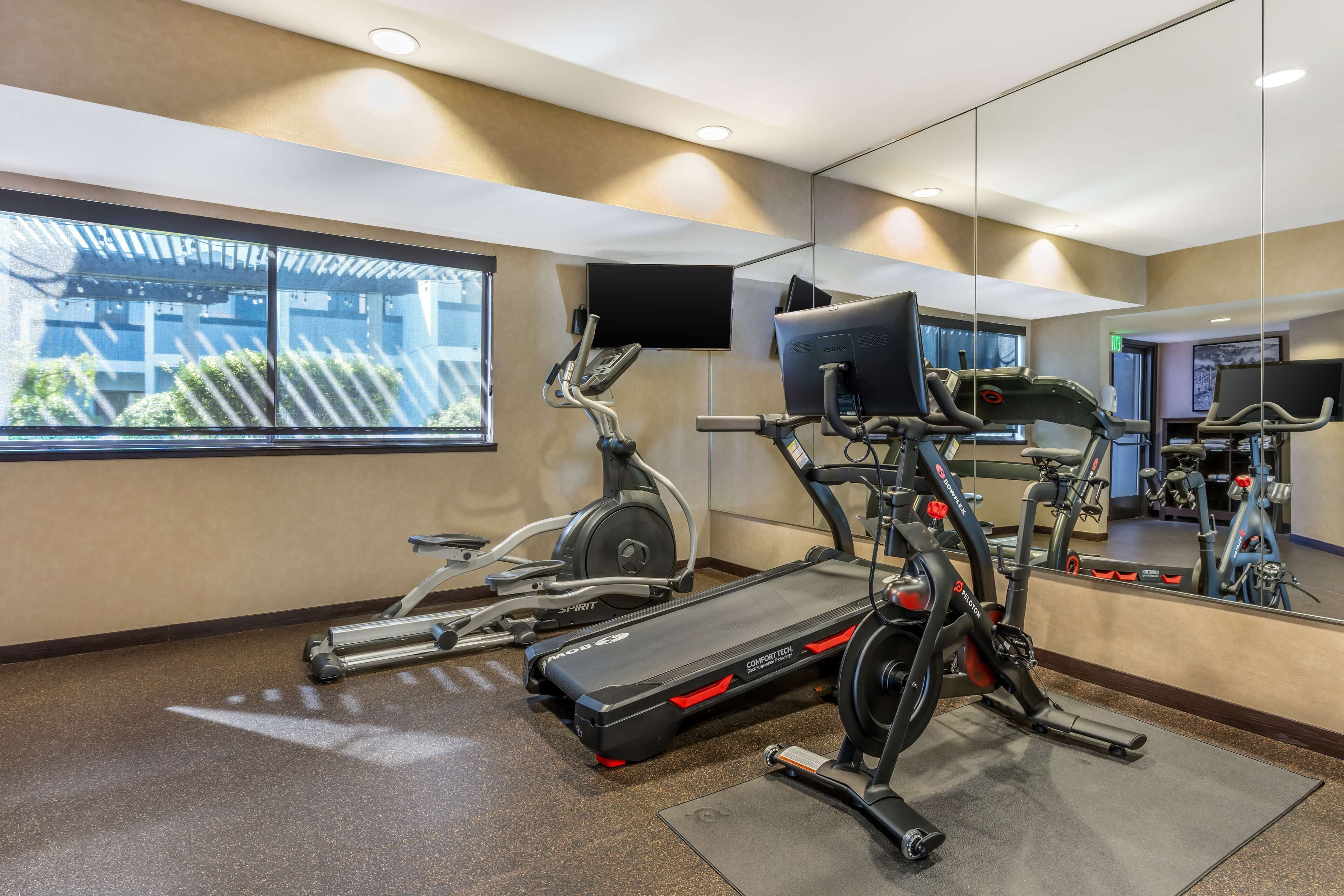 Un gimnasio moderno con máquinas de cardio, un espejo grande y vistas a zonas verdes.