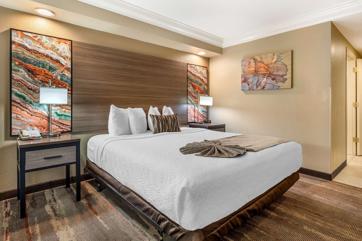 A hotel room with a large bed, two bedside tables, a nightstand, and a wall-mounted lamp.