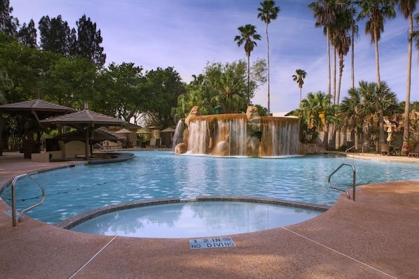 Outdoor pool, pool umbrellas, sun loungers