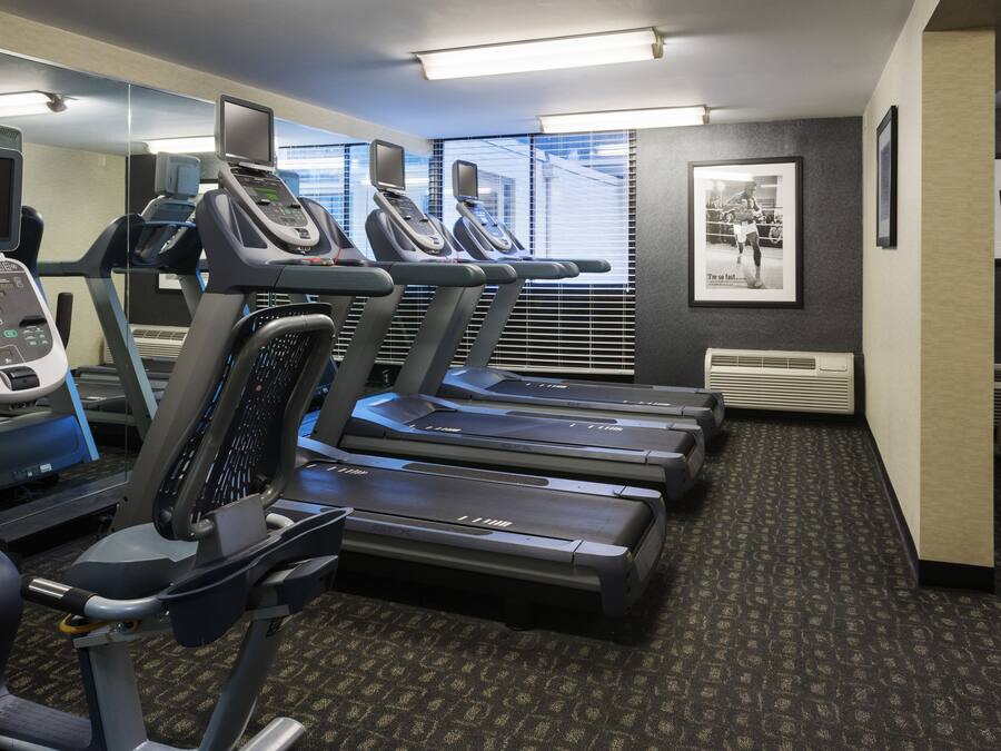 Un gimnasio con cintas de correr, elípticas y una bicicleta estática.